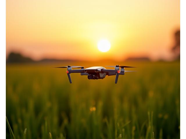 Vliegtuigdrone boven een graanveld met opkomst bij zonsondergang