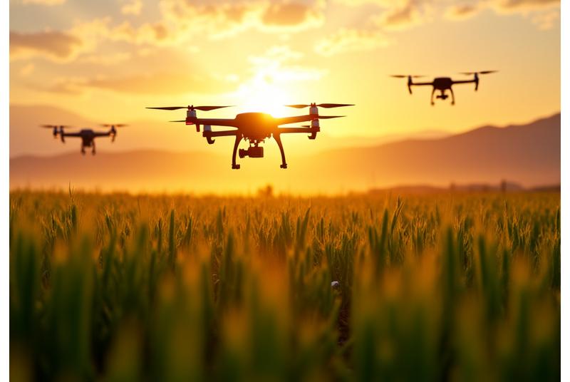 Drones vliegen over een modern graanveld tijdens zonsondergang, symboliseren precisielandbouw data acquisitie.